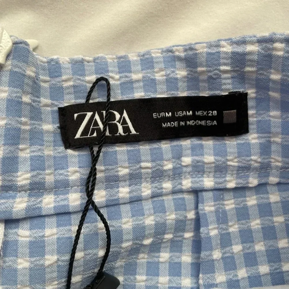 Zara Textured Gingham Split Skirt Blue White Size Medium